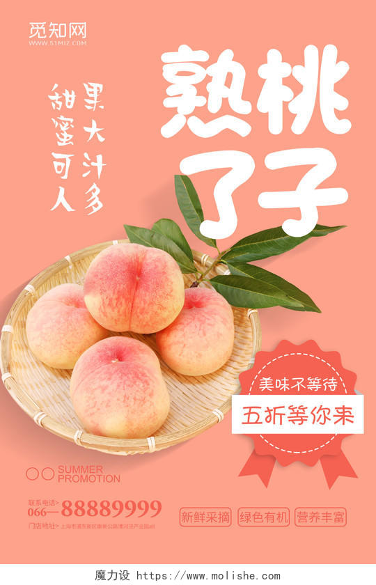 简约粉色可爱新鲜水蜜桃桃子熟了诱惑水果宣传海报水果桃子